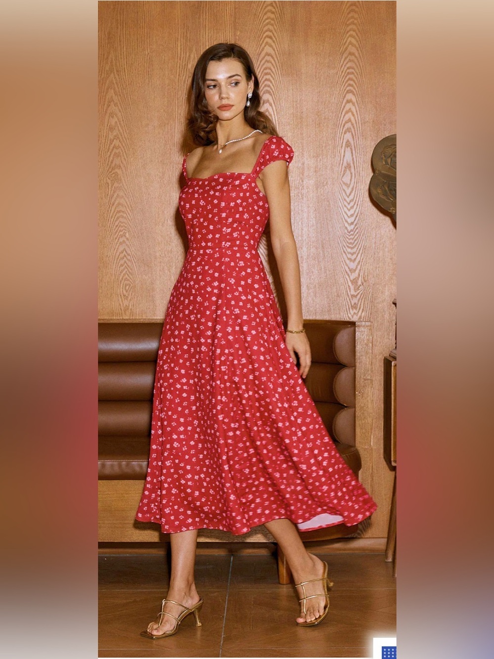 RIHOAS Red Floral Square-Neck Midi Dress